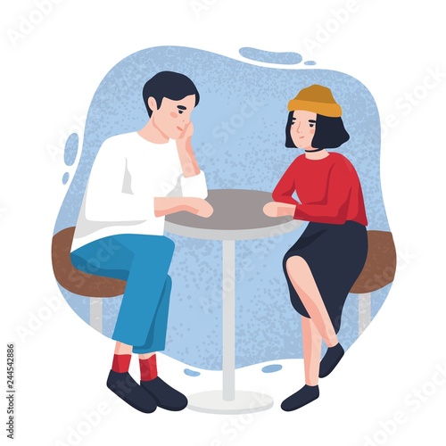 Cute young man and woman sitting at cafe table and looking at each other. Adorable modern couple on date at restaurant. Cartoon characters isolated on stain on background. Flat vector illustration. © Good Studio