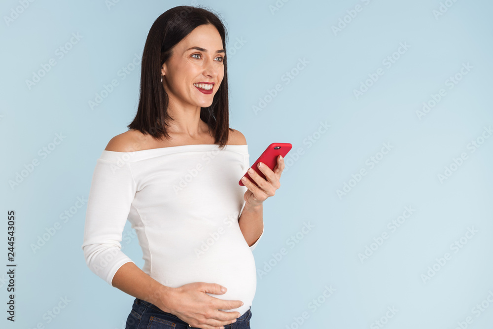Pregnant woman isolated over blue wall background using mobile phone. Pregnant woman isolated over blue wall background using mobile phone.