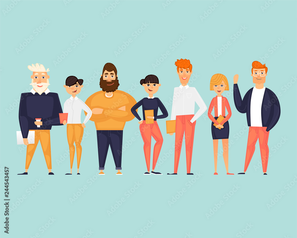 Business characters, team, about us. Flat design vector illustration	