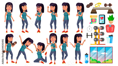Asian Girl Poses Set Vector. High School Child. Fitness, Sport, Figure, Health. Active, Joy, Leisure. For Banner, Flyer, Brochure Design. Isolated Cartoon Illustration
