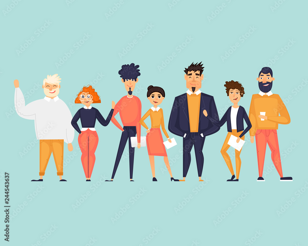 Business characters, team, about us. Flat design vector illustration Business characters, team, about us. Flat design vector illustration