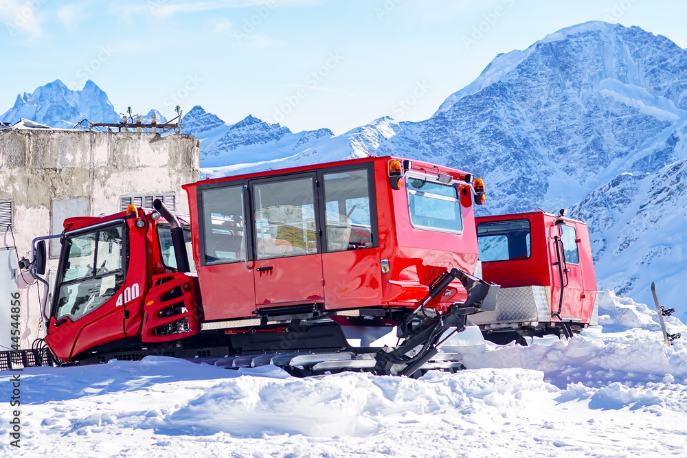 Naklejka premium Rescue machine for clearing snow and searching for people after an avalanche. Elbrus. Mountain ranges in the northern Caucasus in Russia