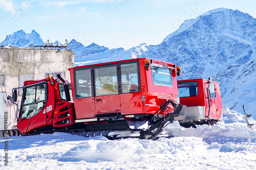 Rescue machine for clearing snow and searching for people after an avalanche. Elbrus. Mountain ranges in the northern Caucasus in Russia