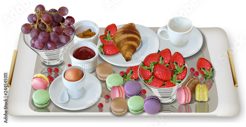 Breakfast coffee, croissant strawberries Vector realistic. Full morning fresh...