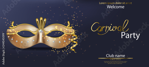 Carnival golden mask Vector realistic. Stylish Masquerade Party. Mardi Gras card invitation. Night Party Poster. Dance Flyer. Musical festival banner templates