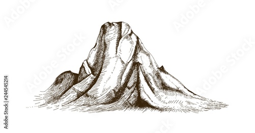 Mountain top or summit hand drawn with contour lines on white background. Elegant vintage drawing of rocky cliff or mount. Monochrome vector illustration in engraving, etching or woodcut style.