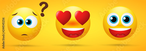 Emoji collection that shows emotions, trance, wonder, love and excitement in a yellow background