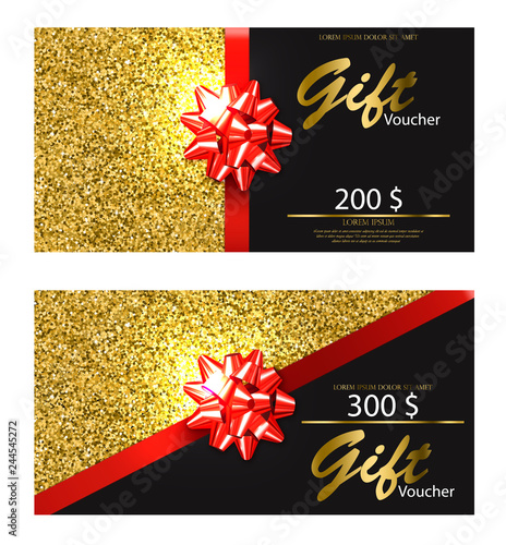 Gift voucher Vector realistic. Golden glitter card with red bow detailed 3d i...