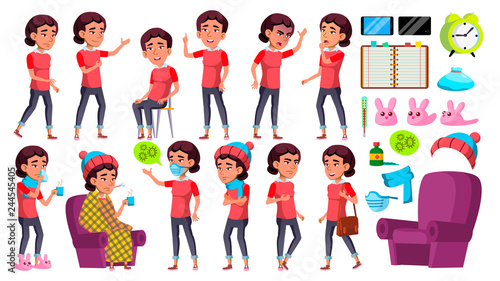 Asian Girl Kid Poses Set Vector. School Child. Sick, Cough. Runy Nose. Health. For Presentation, Print, Invitation Design. Isolated Cartoon Illustration