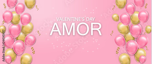 Love card with balloons Vector realistic. Pink and yellow joyful colorful pos...