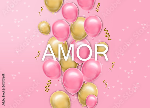 Love card with balloons Vector realistic. Pink and yellow joyful colorful pos...