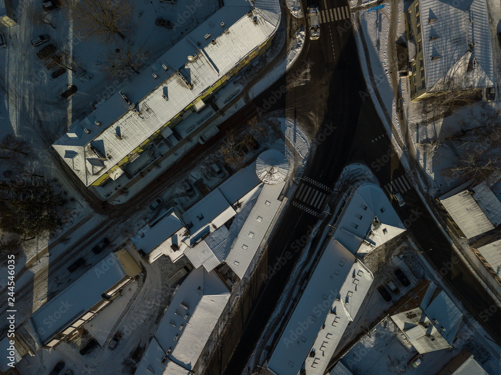 Aerial view of small town in Lithuania, Joniskis. Sunny winter day. Aerial view of small town in Lithuania, Joniskis. Sunny winter day.