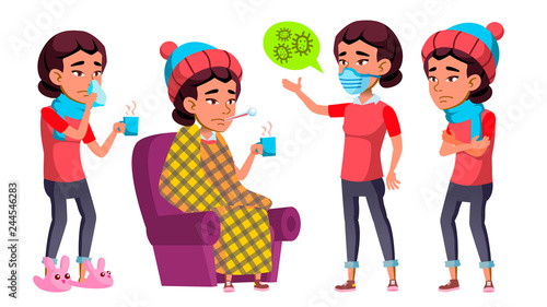 Asian Girl Set Vector. High School Child. Sick, Cough. Runy Nose. Health. Educational. For Cover, Placard Design. Isolated Cartoon Illustration