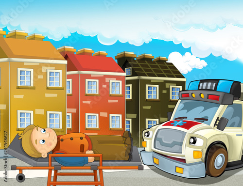cartoon scene in the city with doctor car happy ambulance and man injured on stretcher - illustration for children