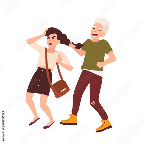 Boy grabbing and pulling hair of girl and laughing. Conflict between kids or teenagers, school abuse or bullying. Cartoon characters isolated on white background. Colorful flat vector illustration.