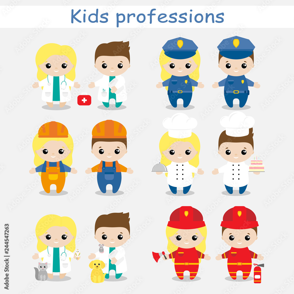 Set of cute cartoon children in professions. Kids in professions. Vector illustration Set of cute cartoon children in professions. Kids in professions. Vector illustration
