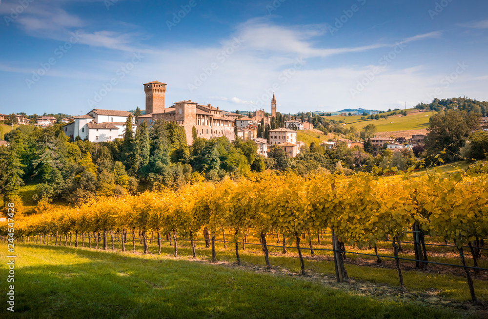 Levizzano Rangone castle and wineyards on the foreground. Modena province, Emilia Romagna, Italy