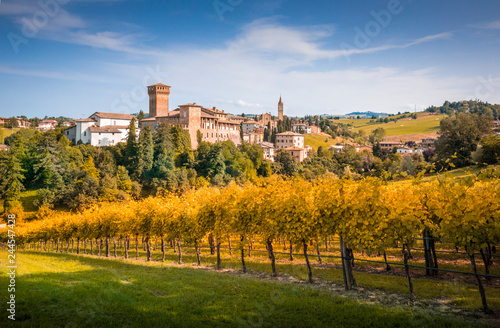 Levizzano Rangone castle and wineyards on the foreground. Modena province, Emilia Romagna, Italy © stefanotermanini