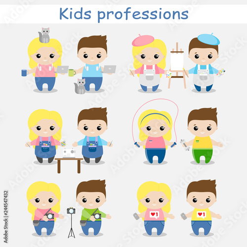 Set of cute cartoon children in professions. Kids in professions. Vector illustration