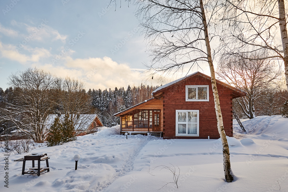Winter house on winter snowy panoramic landscape Winter house on winter snowy panoramic landscape