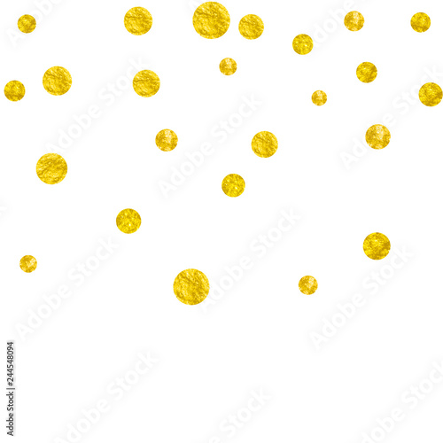 Gold glitter confetti with dots on isolated backdrop. Shiny falling sequins with shimmer and sparkles. Template with gold glitter confetti for party invitation, bridal shower and save the date invite.