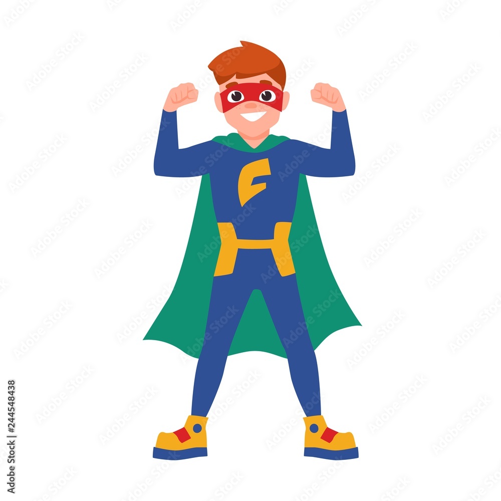 Superboy or superchild. Cute boy wearing mask, bodysuit and cape standing in powerful posture. Brave and strong kid hero or secret agent with super power. Vector illustration in flat cartoon style.