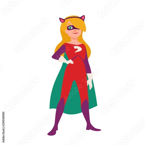 Cat girl or supergirl. Beautiful smiling blonde child wearing bodysuit and mask with super powers. Brave and confident comic or fantastic character. Colored vector illustration in flat cartoon style.