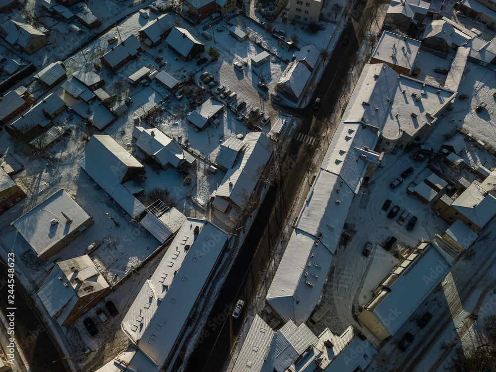 Aerial view of small town in Lithuania, Joniskis. Sunny winter day. Aerial view of small town in Lithuania, Joniskis. Sunny winter day.
