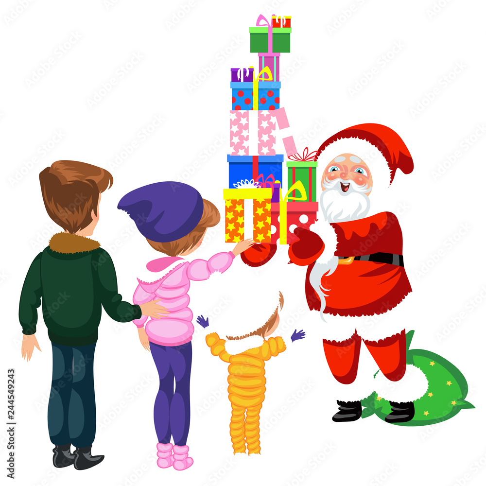 Naklejka premium Cartoon cheerful main character of christmas with gifts
