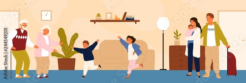 Joyful grandchildren meeting their grandparents. Happy family visiting grandfather and grandmother. Grandson and granddaughter running to hug grandma and granddad. Flat cartoon vector illustration.