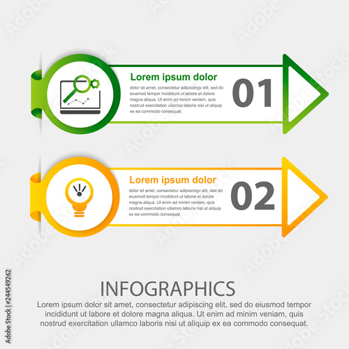 Modern 3D vector illustration. Circular step lable infographic template with two elements and arrows. Contains icons and text. Designed for business, presentations, workflow layout, 2-step diagrams