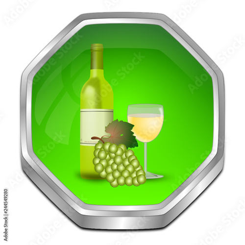 Button with wine bottle, a glass of wine and Grapes - 3D illustration