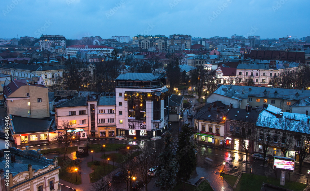 Ukraine, Ivano-Frankivsk, November 26, 2017: Panorama of the small European city of Ivano-Frankivsk in western Ukraine, city center at night time