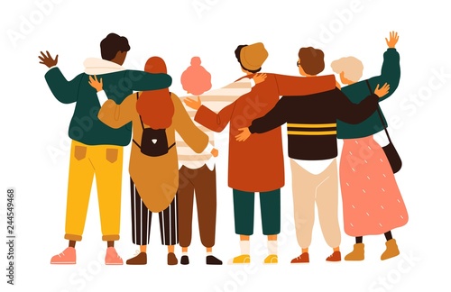 Back view of teenage boys and girls or school friends standing together, embracing each other, waving hands. Group of students or pupils isolated on white background. Flat cartoon vector illustration.
