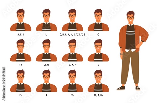 Collection of male character s lips or mouth positions for various sounds. Animation set of young man or boy speaking or pronouncing English letters. Colored vector illustration in flat cartoon style.