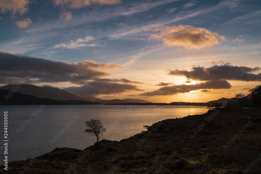 A sunset over Loch Linnhe near the Corran Narrows and Ardgour, Lochaber, Scotland.