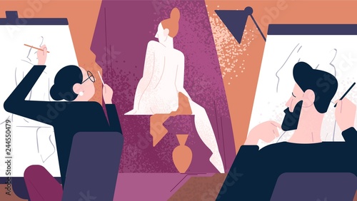 Naked model posing for male and female artists while they sitting at easels and drawing her. Art school, studio or class, artistic work. Colorful vector illustration in modern flat cartoon style.