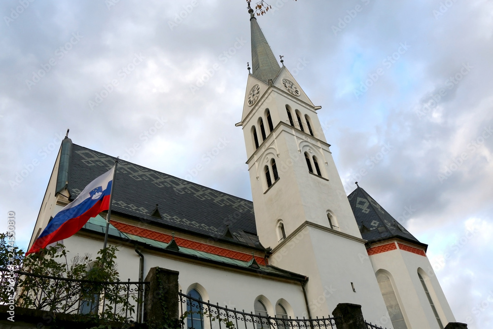 St. Martin's Parish Church on Lake Bled, Slovenia. Lake Bled is popular travel destination in Slovenia.