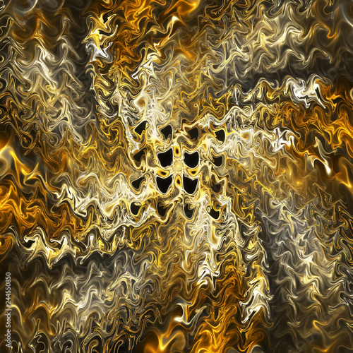 Abstract golden chaotic wavy pattern. Fantasy background. Digital fractal art. 3d rendering.