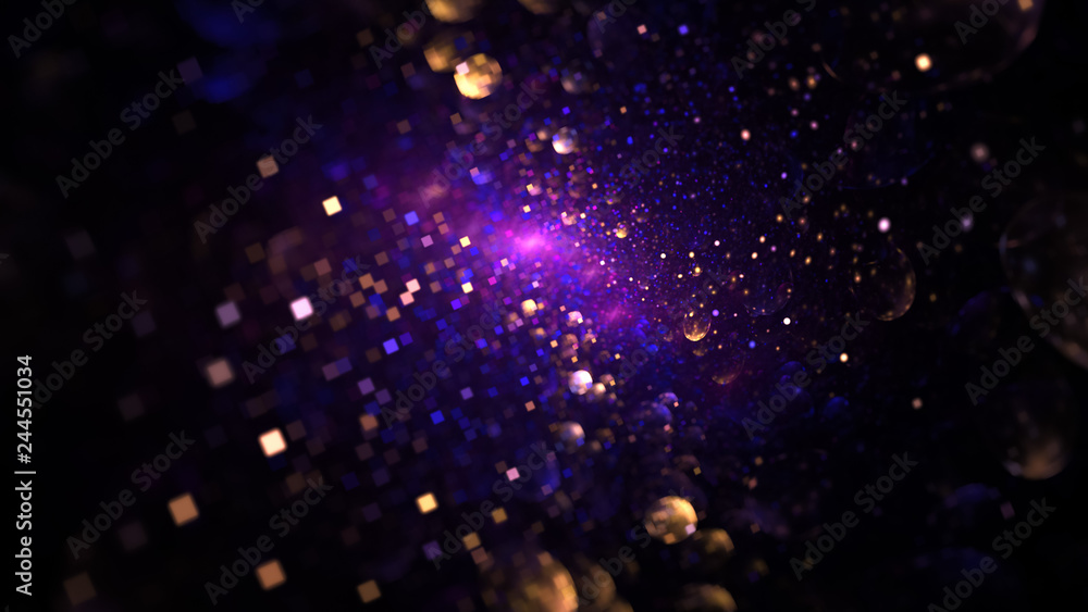 Abstract blurred blue and golden particles. Fantasy colorful holiday sparkle background. Digital fractal art. 3d