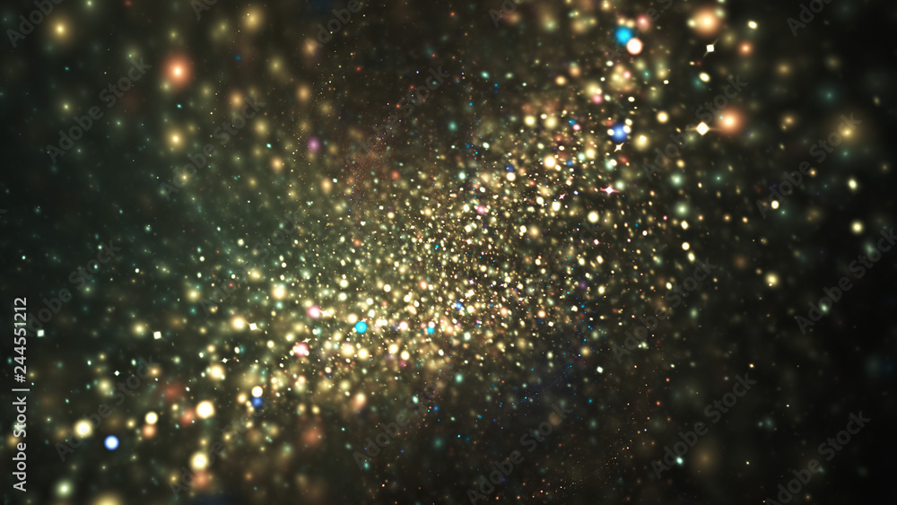 Abstract blurred golden and blue lights. Fantasy holiday sparkle background. Digital fractal art. 3d