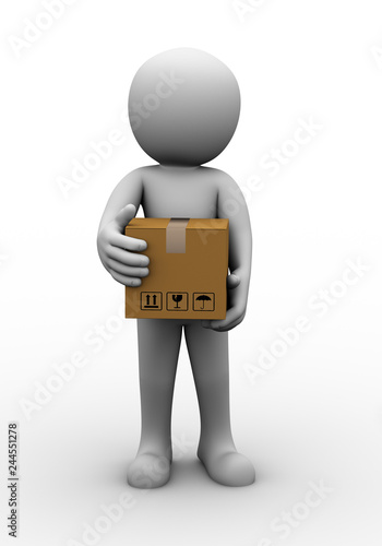 3d man carrying cardboard parcel box