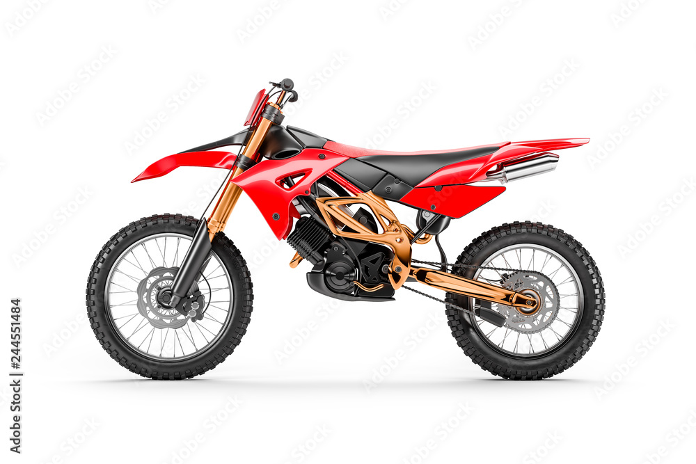 Red racing motorcycle for motocross by side view