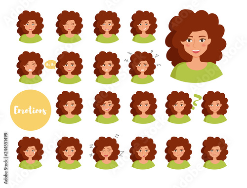 Woman with different emotions. Joy, sadness, anger, talking, funny, fear, smile. Set. Isolated illustration on white background. Vector. Cartoon. Flat. Face expressions