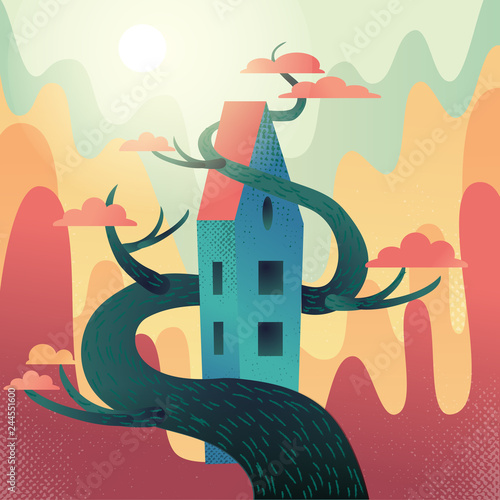 Fabulous house with roof, intertwined with tree on mountains,hills background. Autumn weather, warm fall sun shines, orange crowns. Square Flat cartoon vector illustration with textures and gradient photo