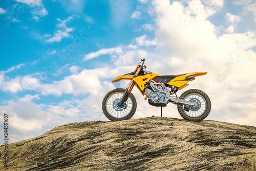 Yellow racing motorcycle on the motocross track. The off the road. 3d