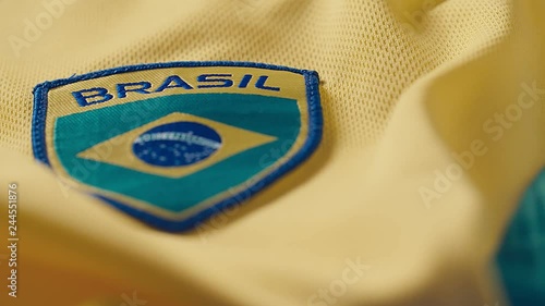 Detail shot of the Brasil national soccer team outfit. 4k dolly