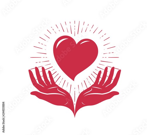Heart in hands, logo. Love, charity label or symbol. Vector illustration
