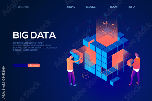 People interacting with big data isometric concept. Data visualization concep and people concept. Landing page template. Conceptual isometric vector illustration for web and graphic design