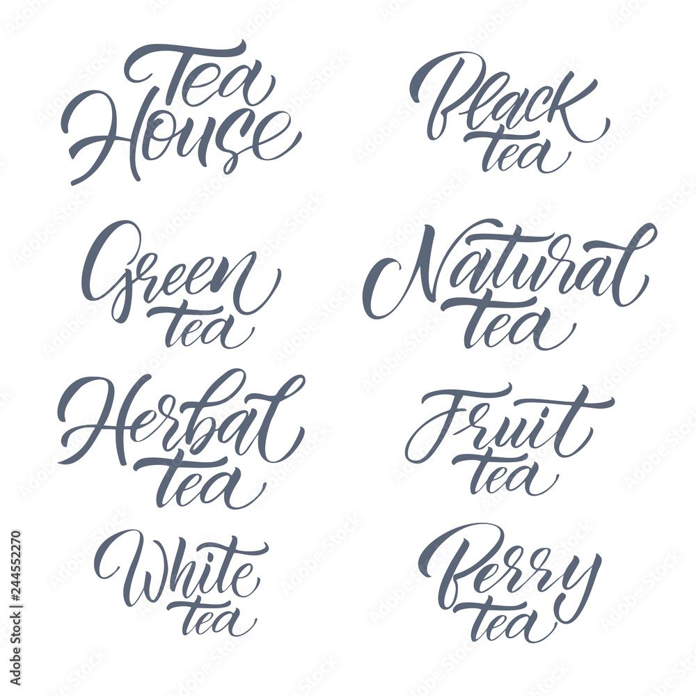 Hand drawn typography poster, greeting card or print invitation with tea phrase in it. Vector calligraphy quote with tea. Black ink on white isolated background.